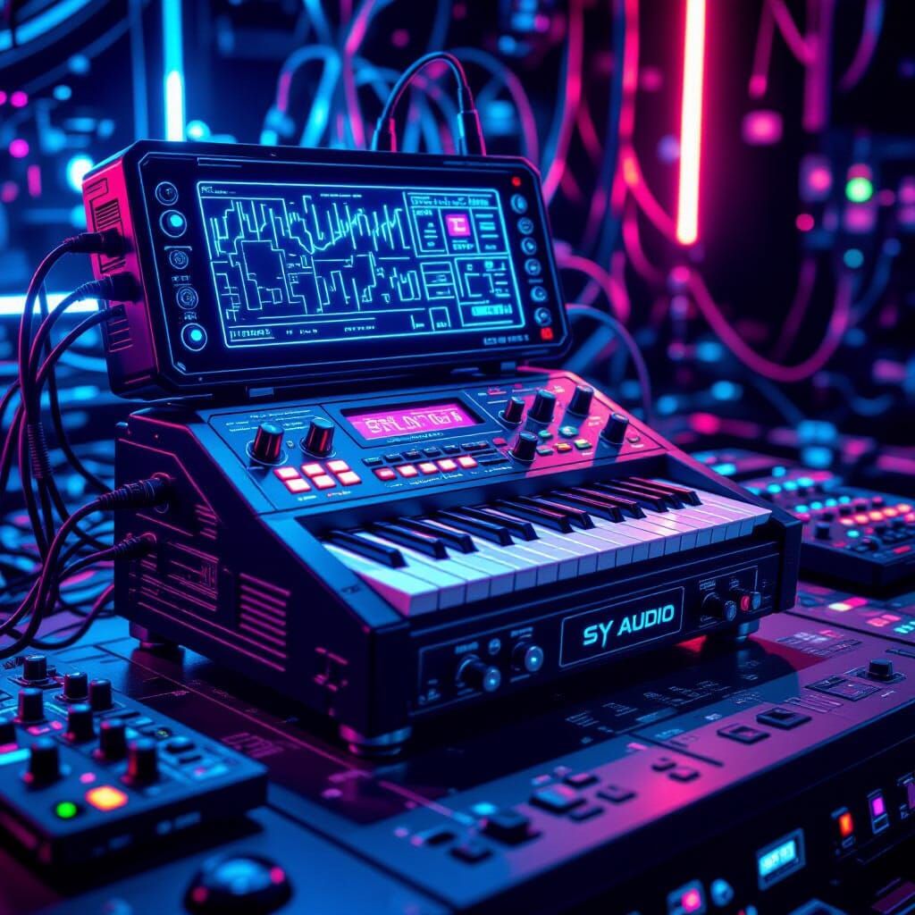 Retrofuturistic Music Machine in Cyberpunk Style