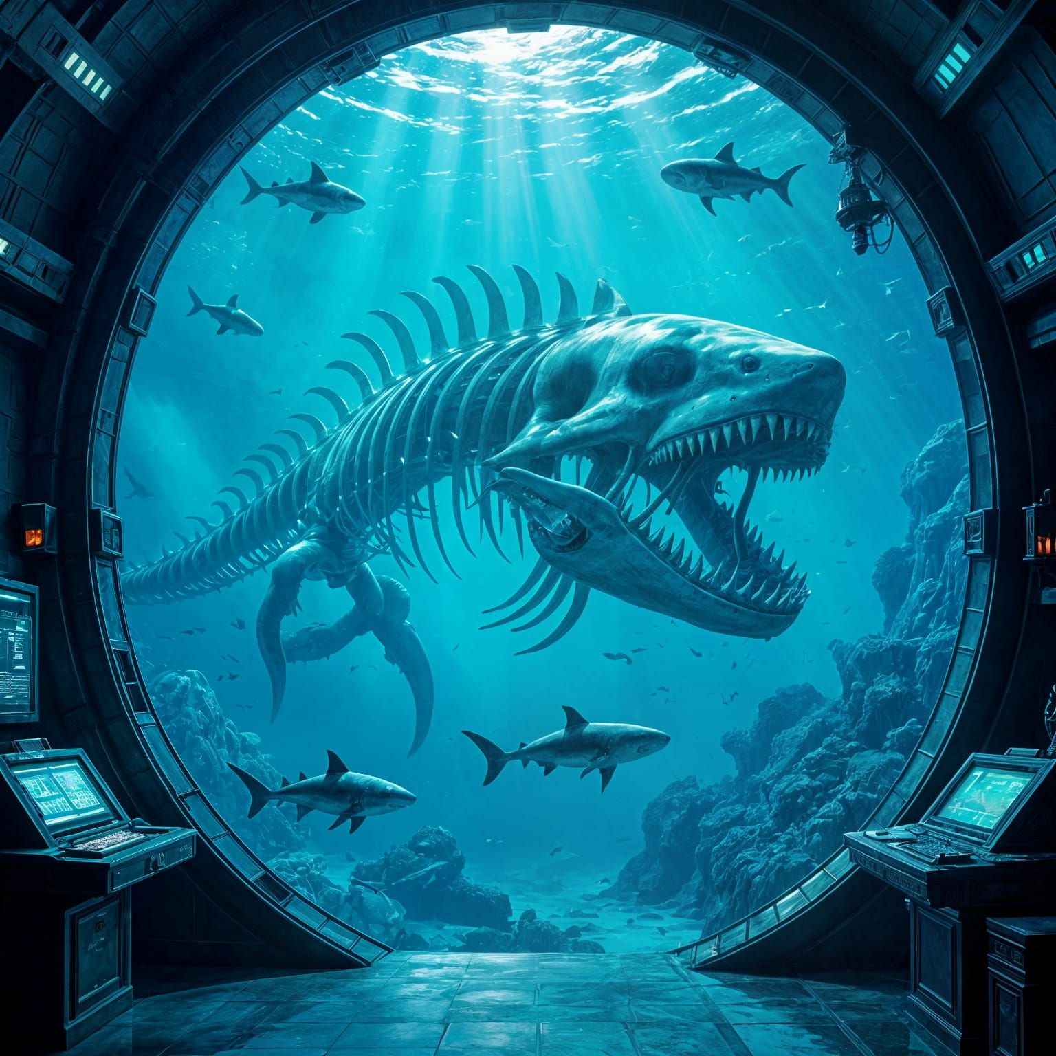 Underwater Lair Inside Sea Creature Skeleton with Sharks