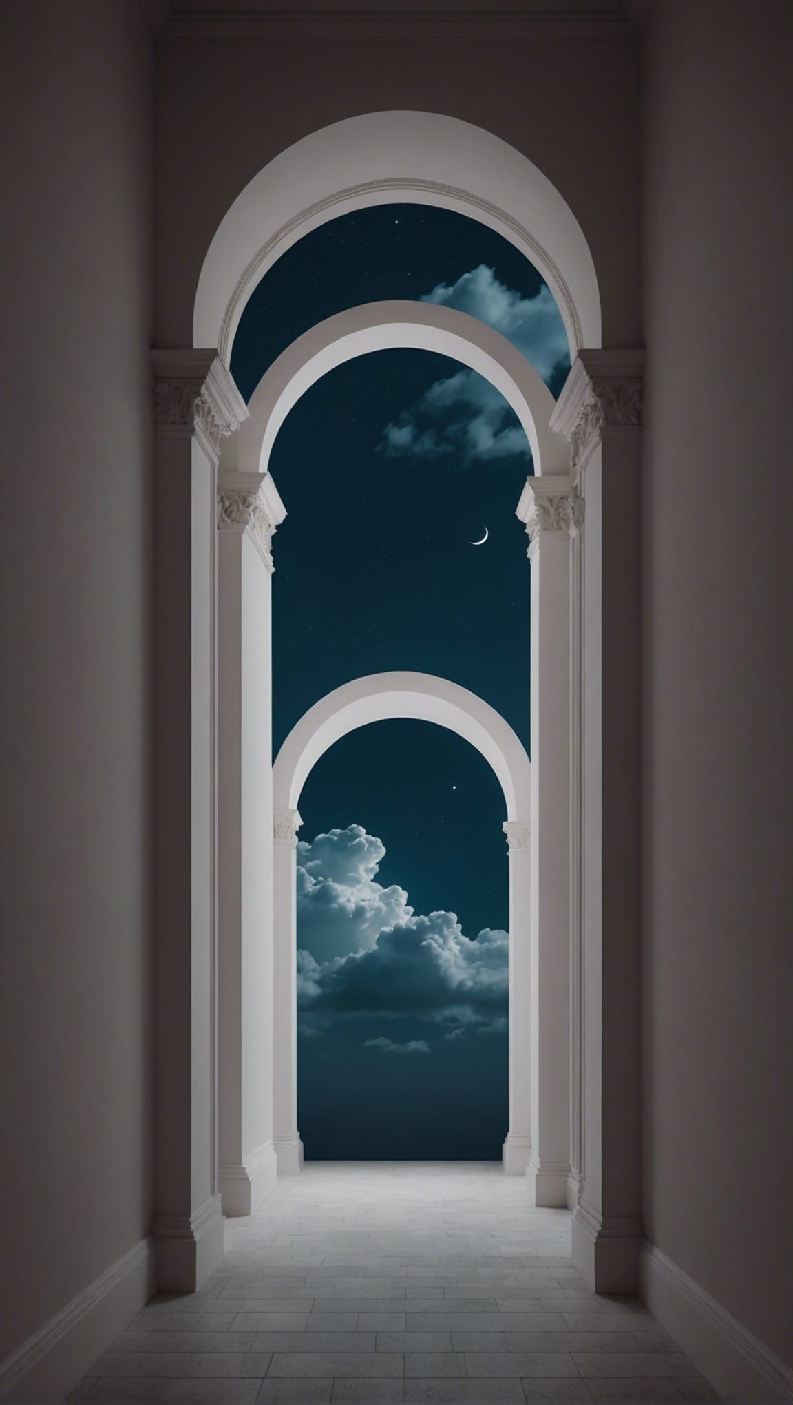 liminal minimal archway hallway leading to one single solitary cloud at night, Dreamscape aesthetic surrealism"