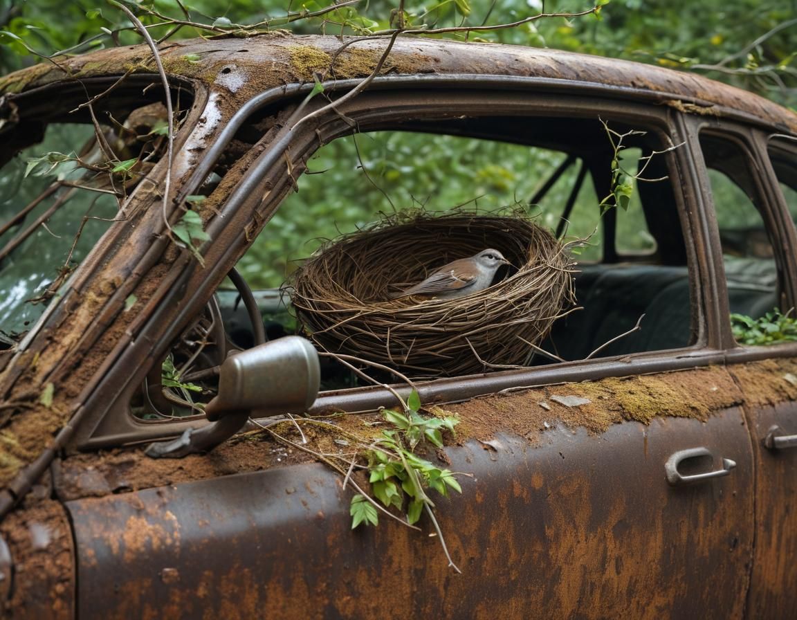 Bird's Serene Refuge Amidst Rusty Abandonment
