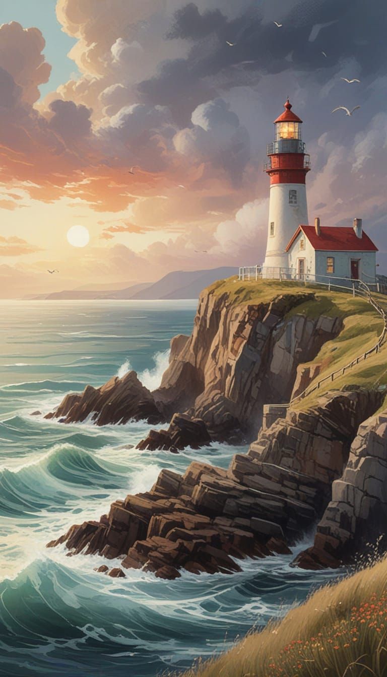 Whimsical Sock Lighthouse on Misty Cliff