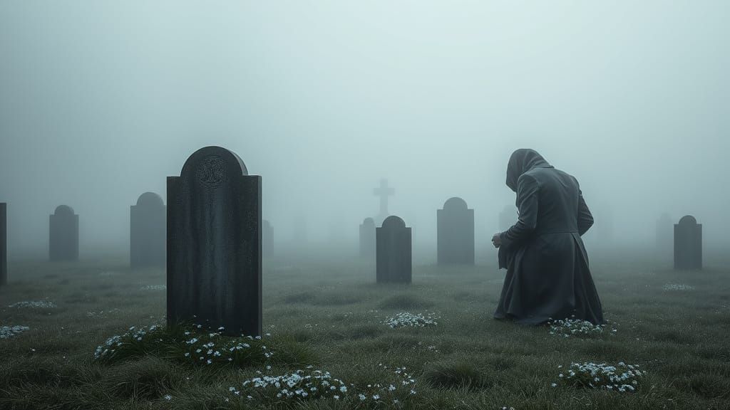 Sorrowful Figure in a Foggy Graveyard