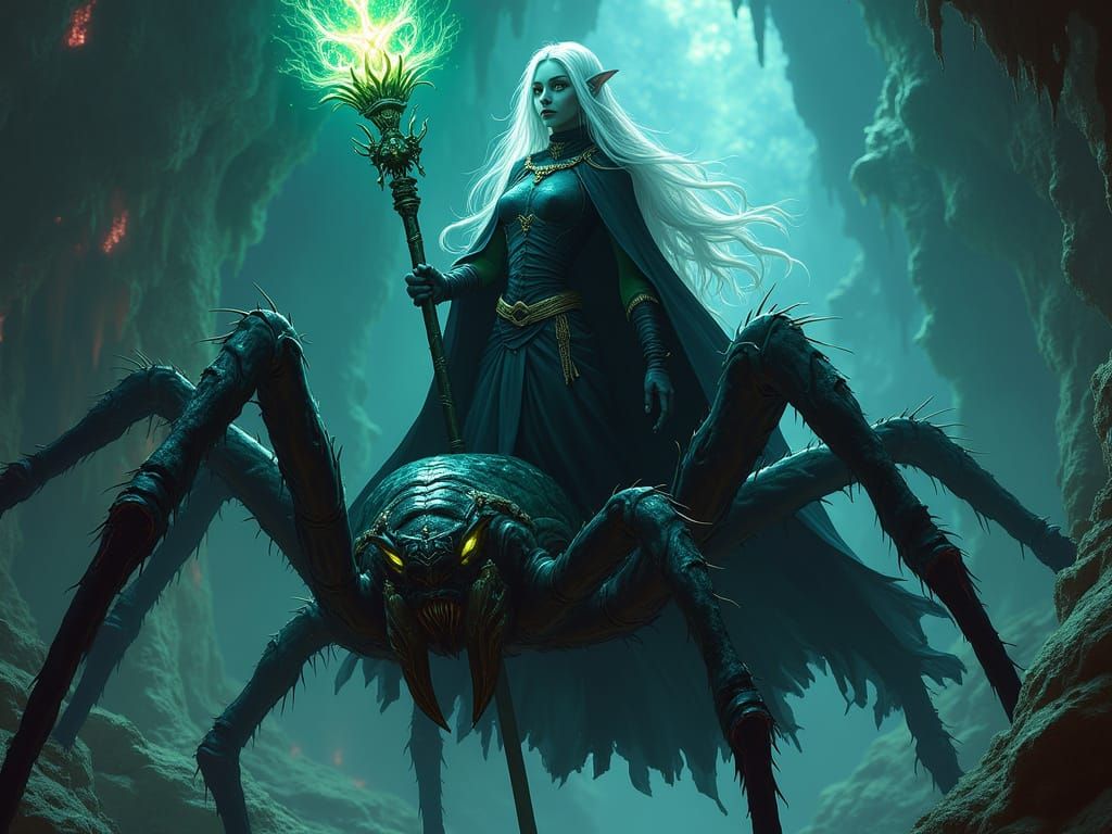 Dark Elf Mage Rides Giant Spider in Underworld City