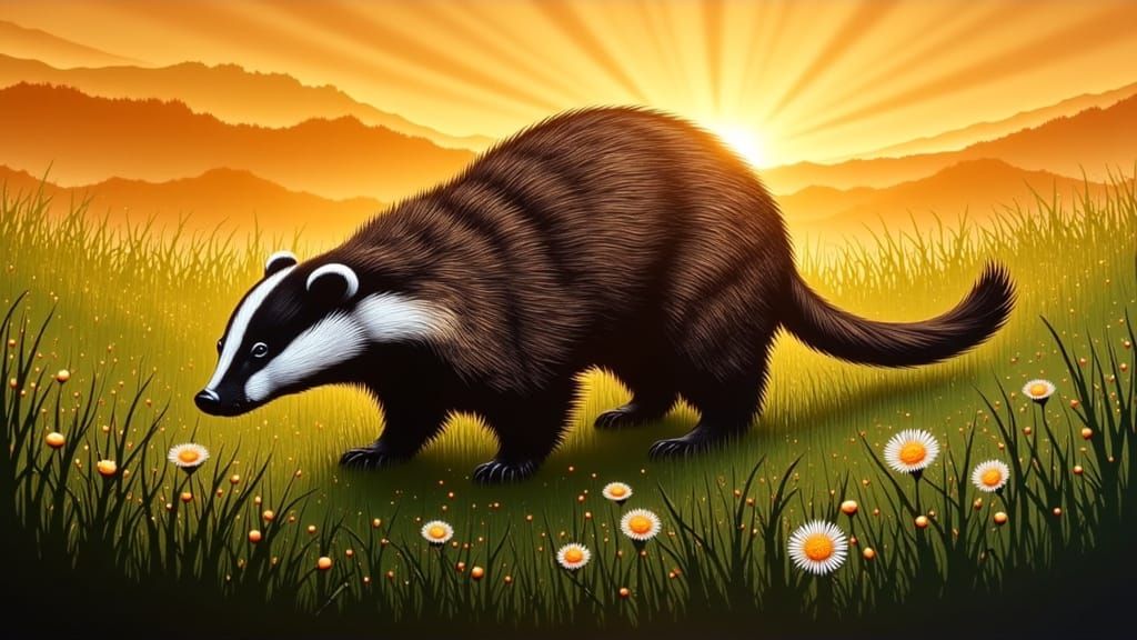 Backlit American Badger in Grassy Field