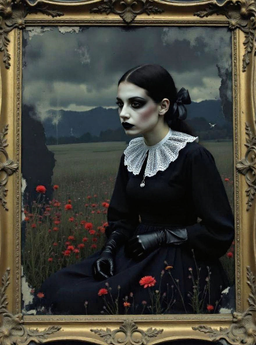 Goth Girl Portrait in Gilded Frame, Low Angle View