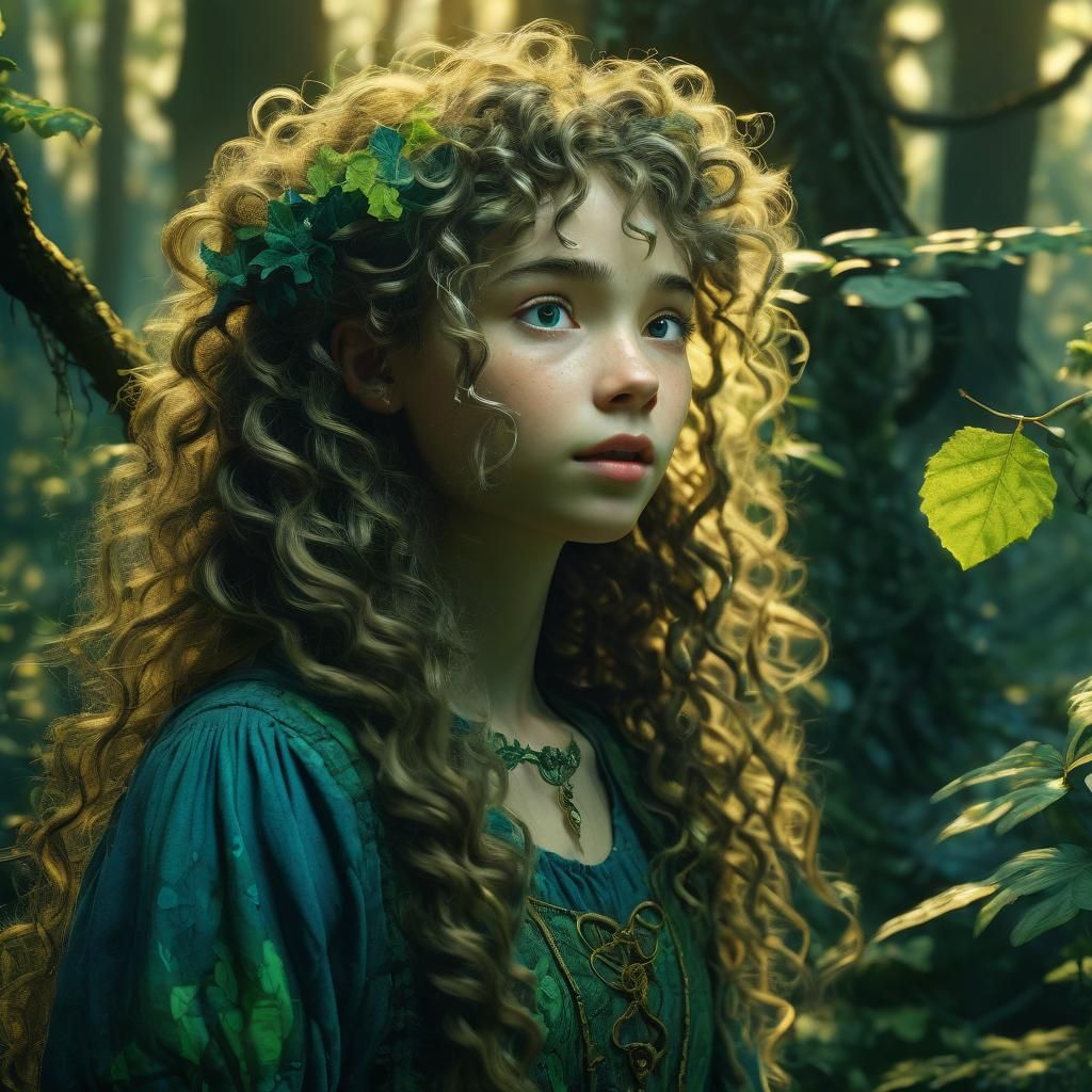 Girl in Lush Forest, Arthur Rackham Style