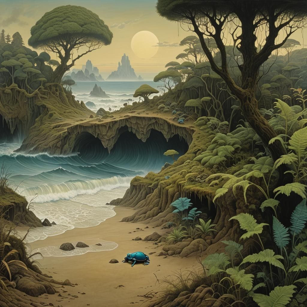 Beksiński-Inspired Alien Seascape with Glowing Polyhedra