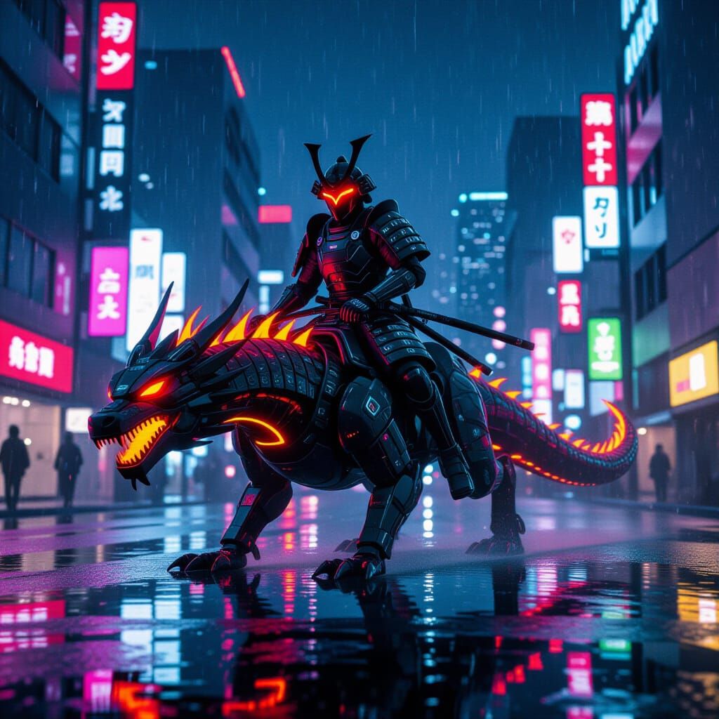 Neon Samurai Rides Cybernetic Dragon in Tokyo