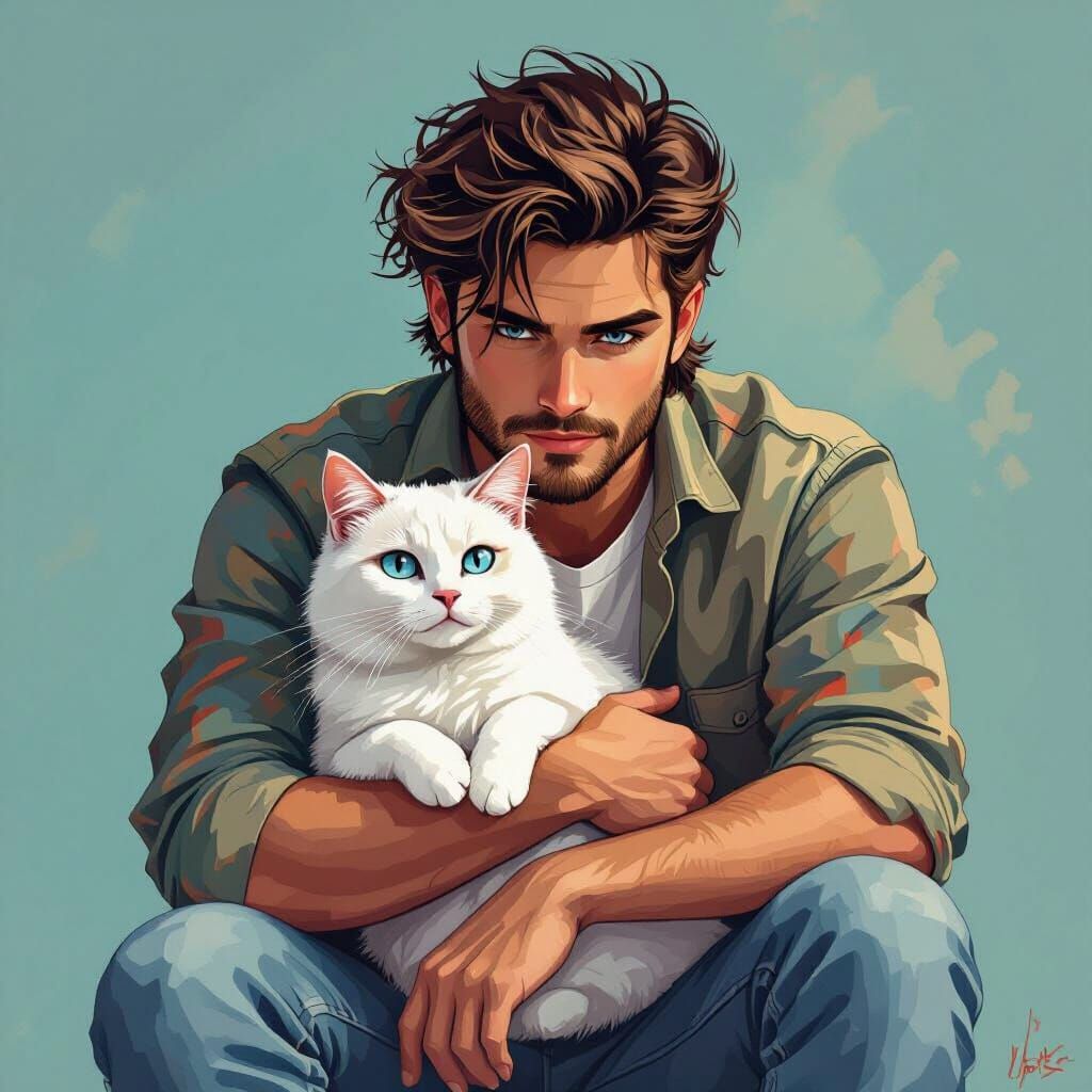 Man with Mullet Cradling White Cat in Digital Art