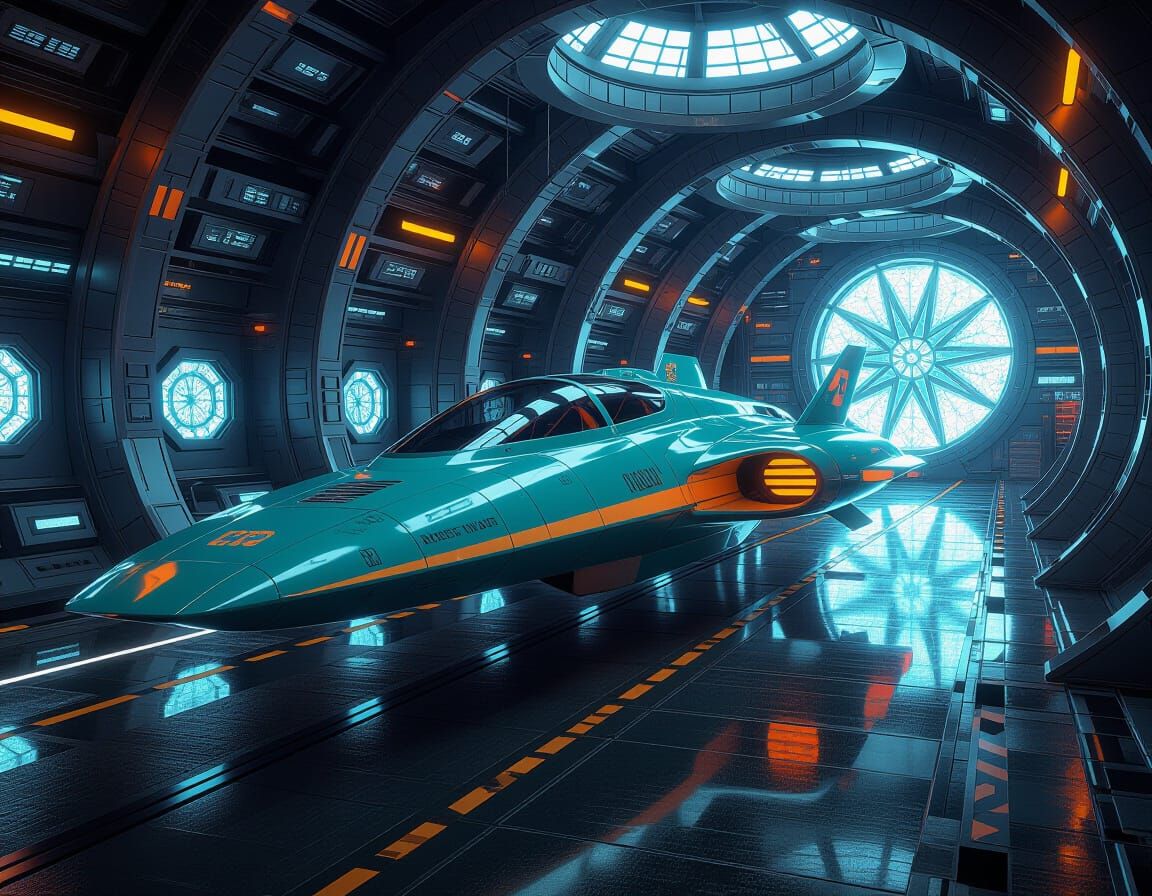 Teal and Orange Space Cruiser in Crystal Dock