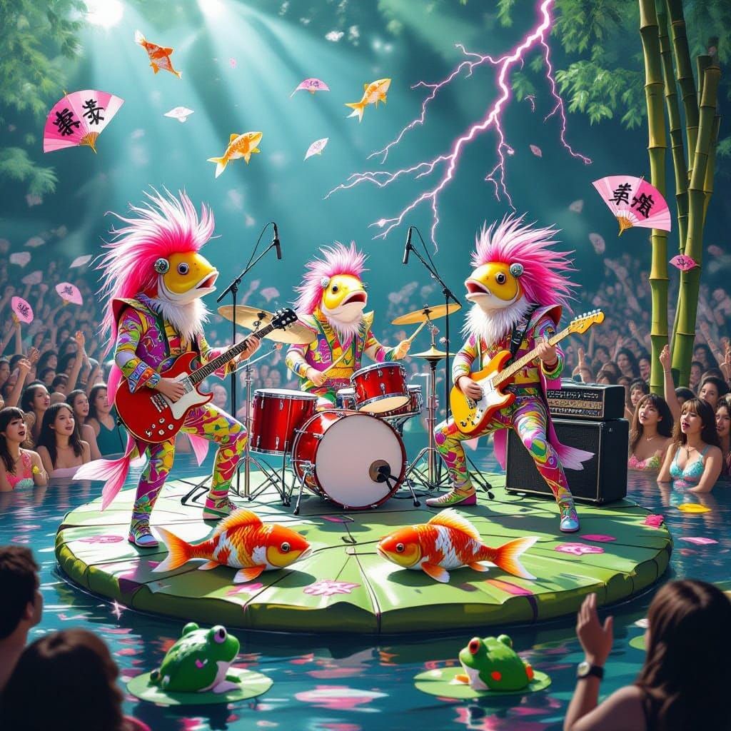 Electric Koi Rock Band Performs on a Floating Stage