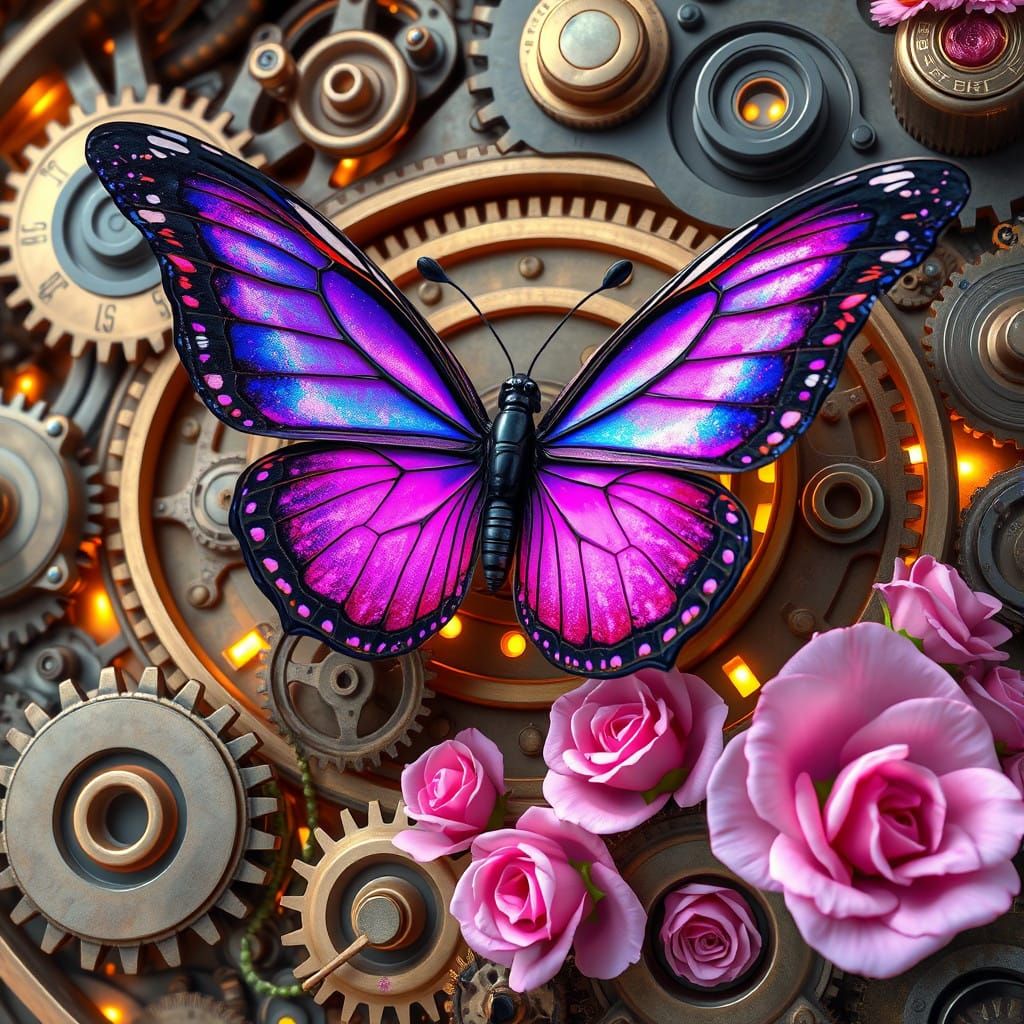 A Majestic Butterfly with Galaxy-Themed Wings in Steampunk E...