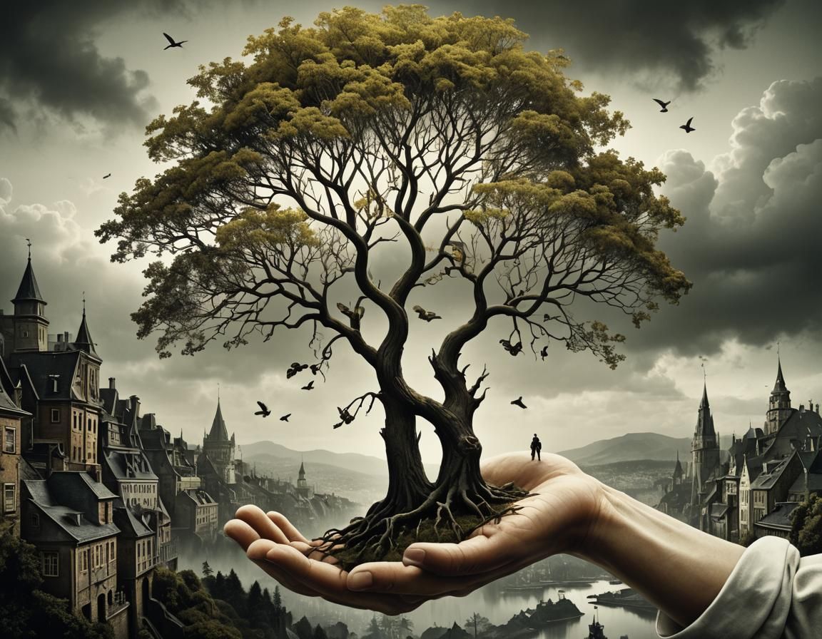 Surreal Tree Growing From Hand, Double Exposure Art