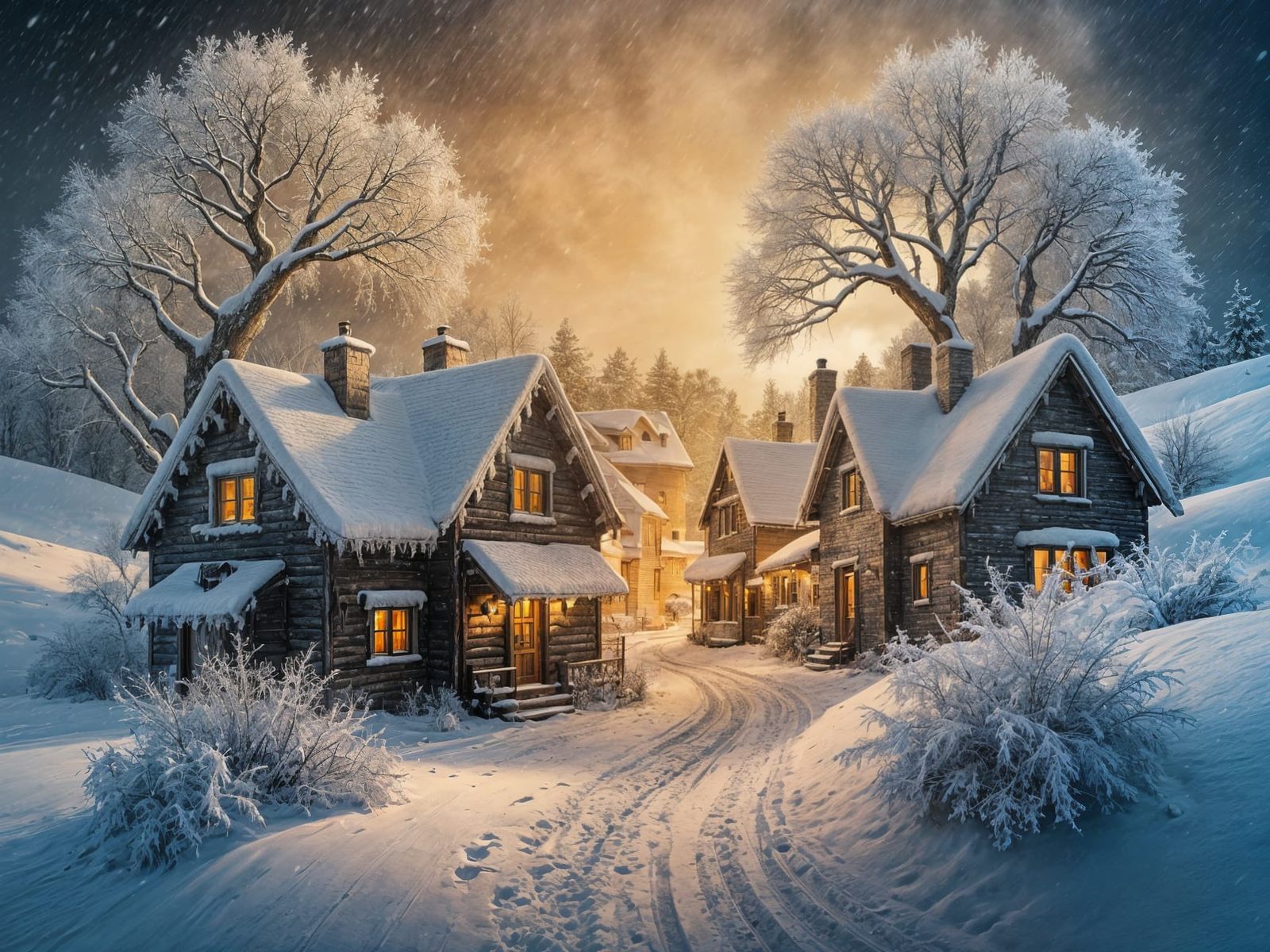 Fairy Tale Winter Village Blizzard in Golden Light