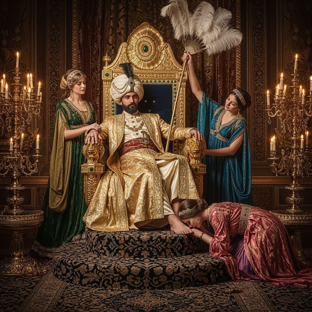 Opulent Ottoman Sultan on Jeweled Throne, Neoclassical Style