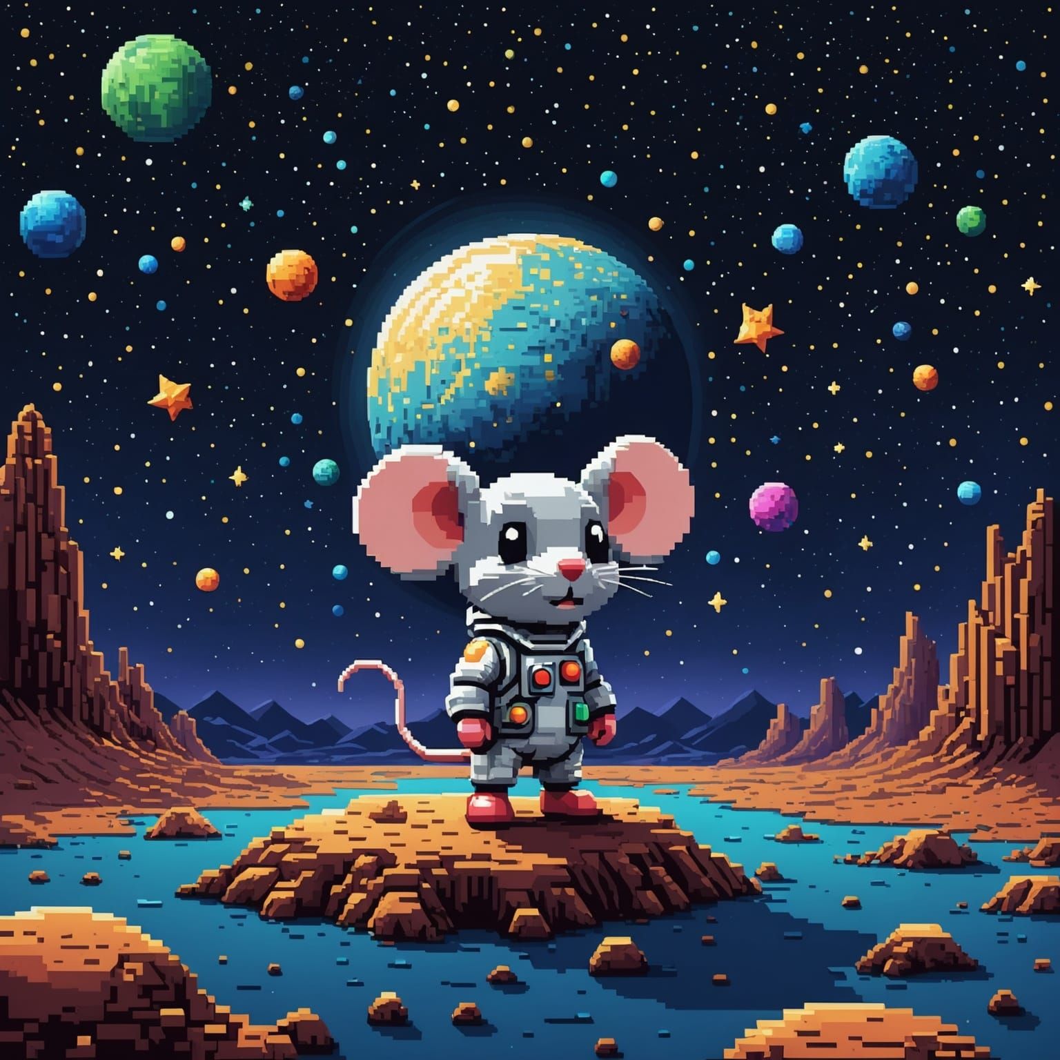 8-Bit Pixel Art: Chibi Mouse on the Moon