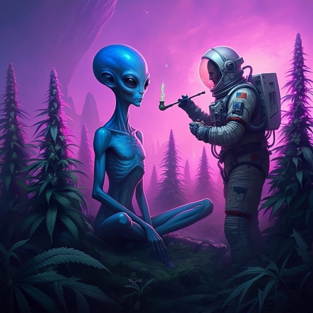 Ethereal Alien Encounter in a Vibrant Marijuana Field on a D...
