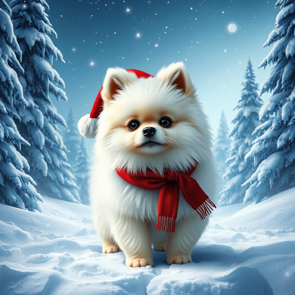 White Pomeranian Puppy in Winter Wonderland Scene, Fantasy C...