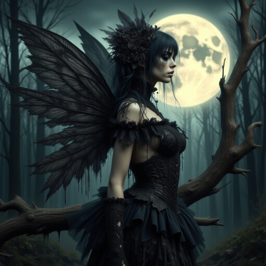 Ethereal Goth Fairy Basks in Moonlight
