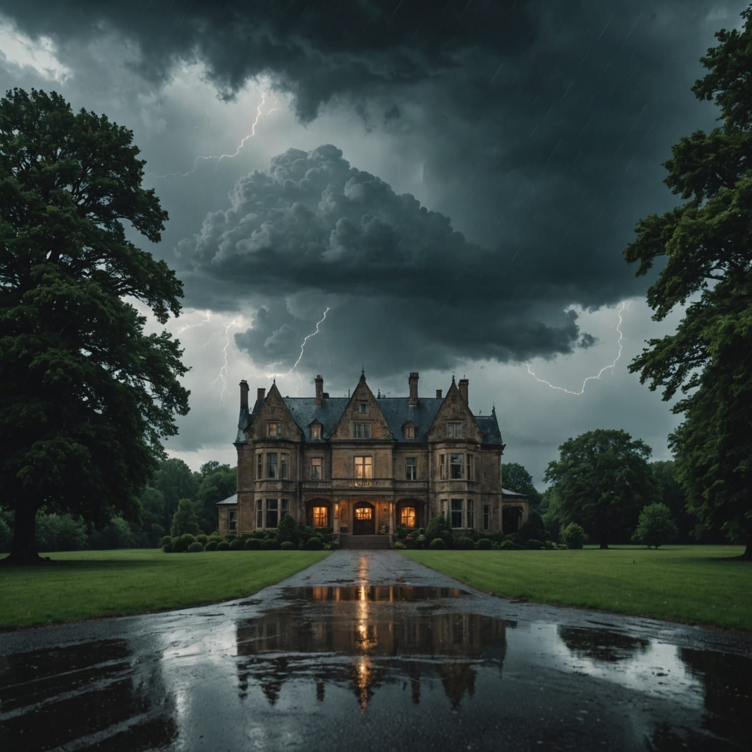 Dramatic Rainstorm Over Manor: Cinematic Film Still