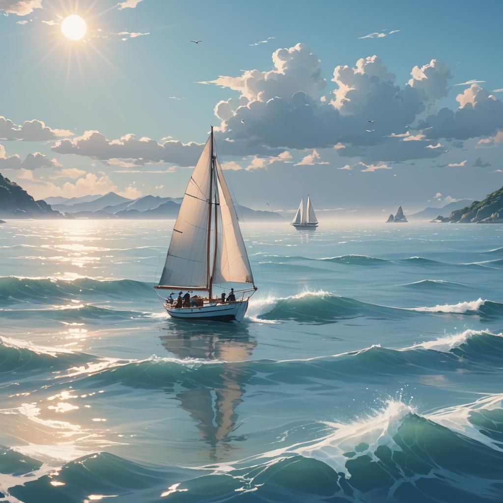Sailboat on Light Blue Sea: Anime Style Digital Art