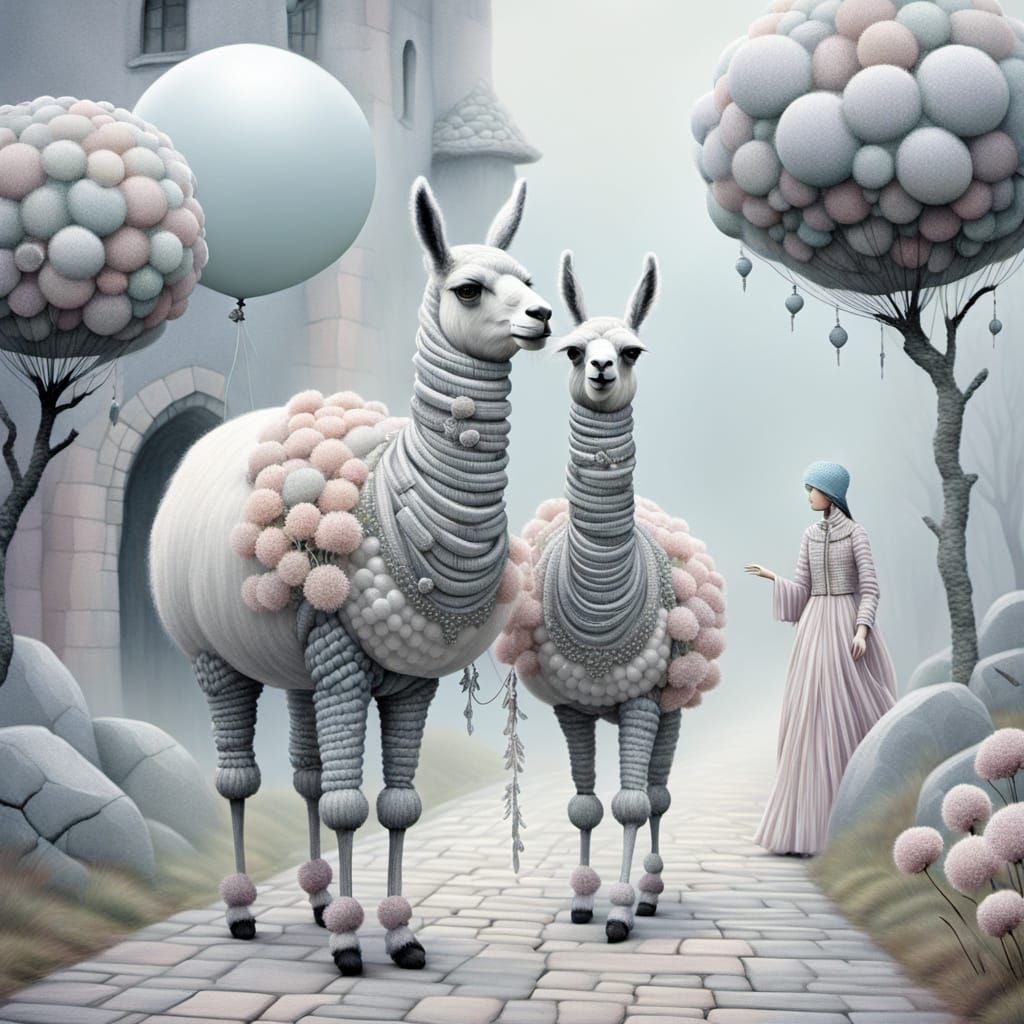 Whimsical Fantasy Scene with Llama in Pointillism Style