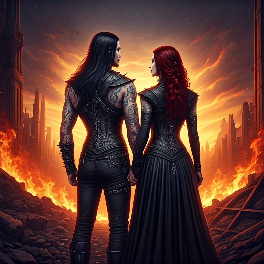 Gothic Couple Amidst Apocalyptic Flames, Greg Rutkowski Styl...