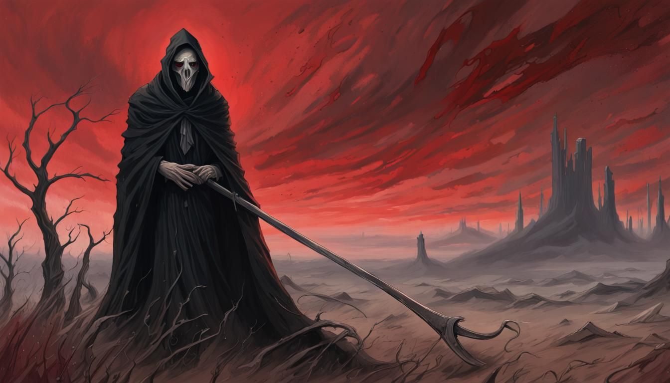 Weary Grim Reaper in War-Torn Landscape