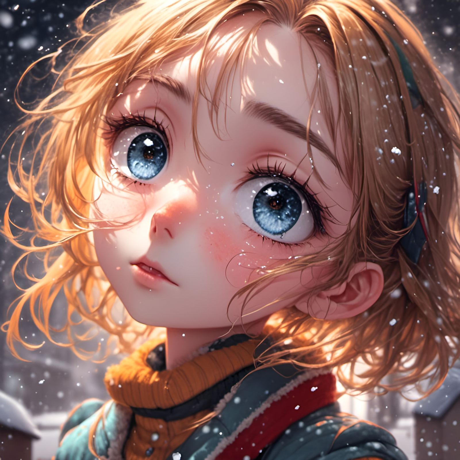 Girl Admiring First Snowfall with Detailed Eyes