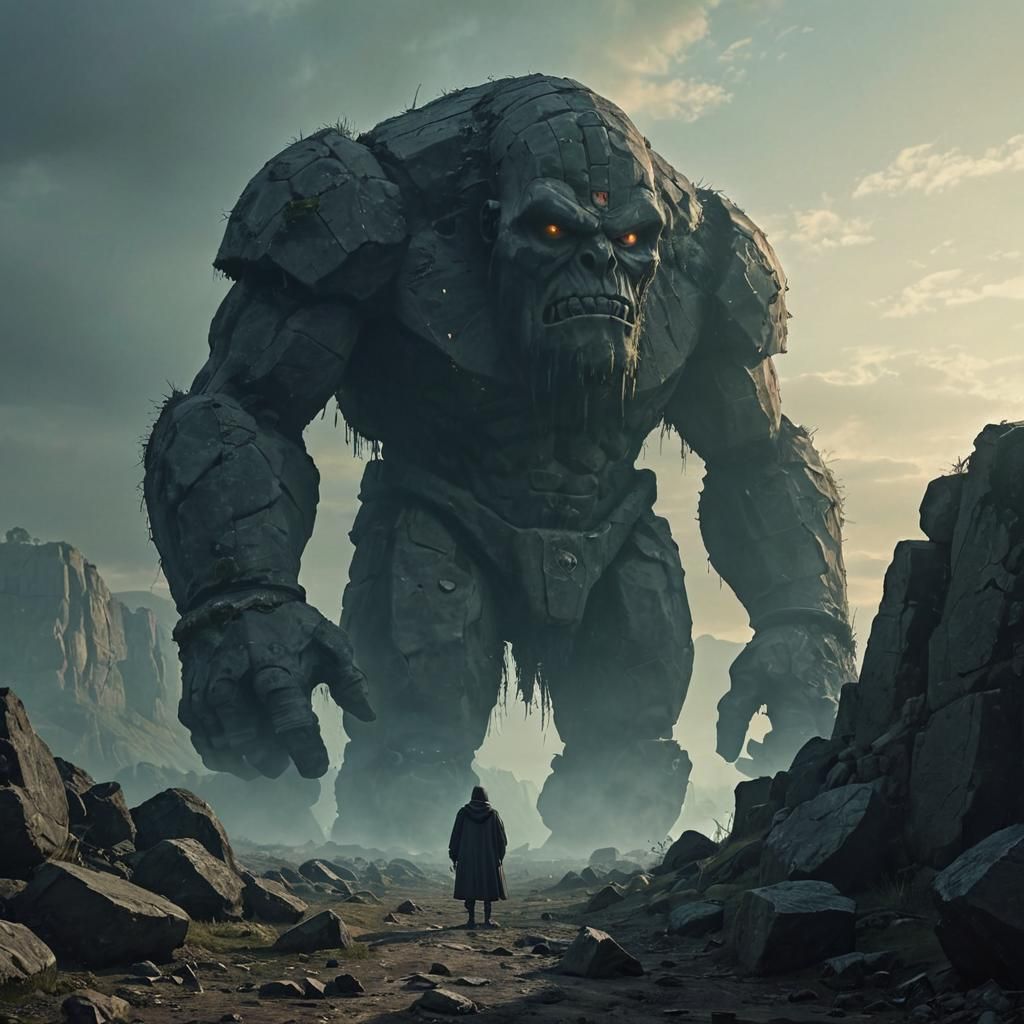 Stone Golem Guardian Watching Over Black Fields
