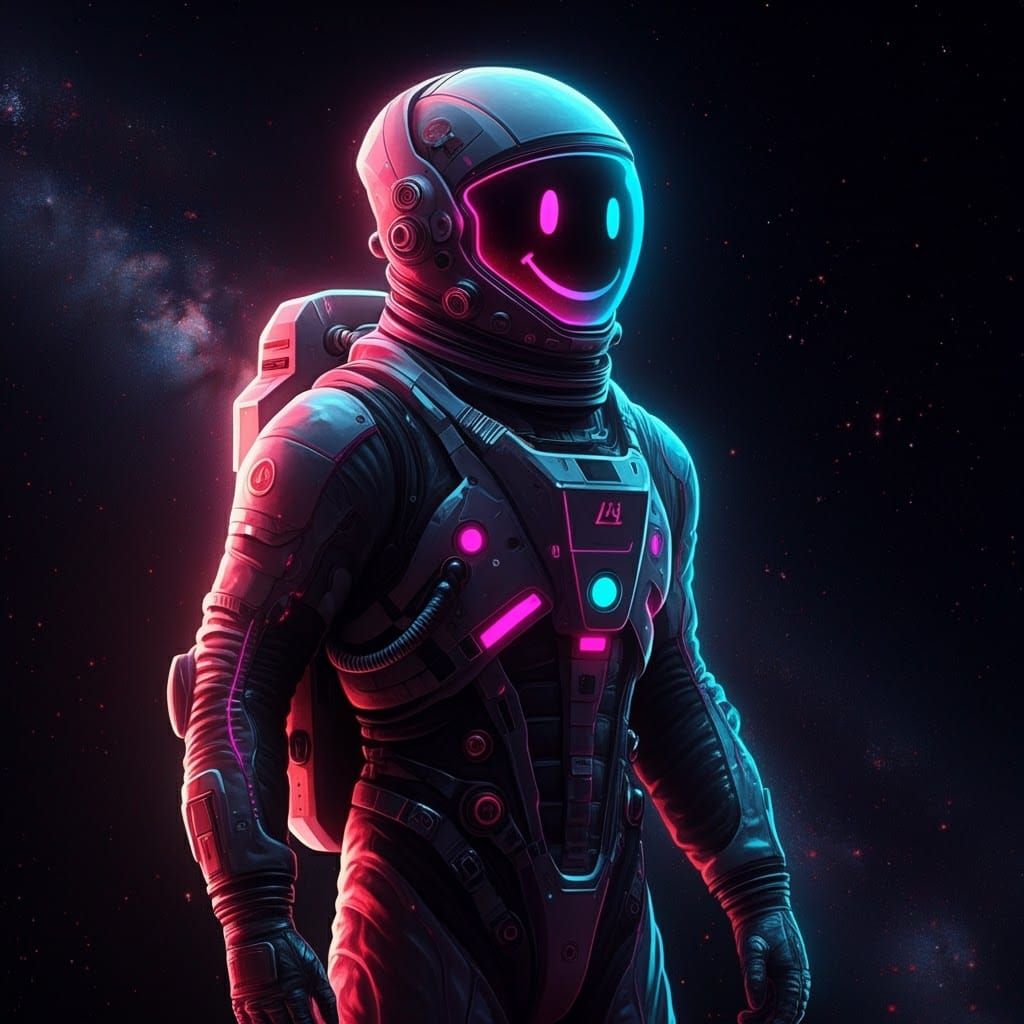 Astronaut Exposes Pixelated Smiley Face in Neon Space Suit