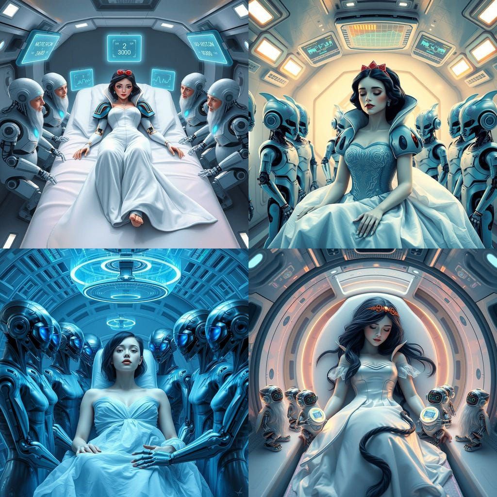 Futuristic Snow White in Cryo-Chamber with Robotic Dwarfs