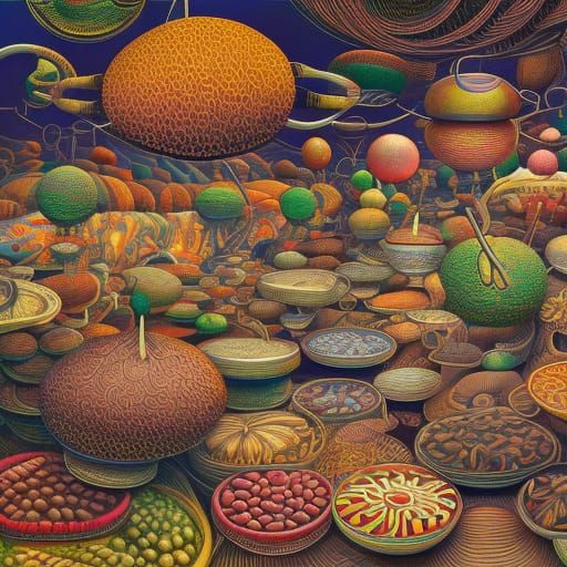 Surreal Universal Dumpling Ground in Gouache Stipple