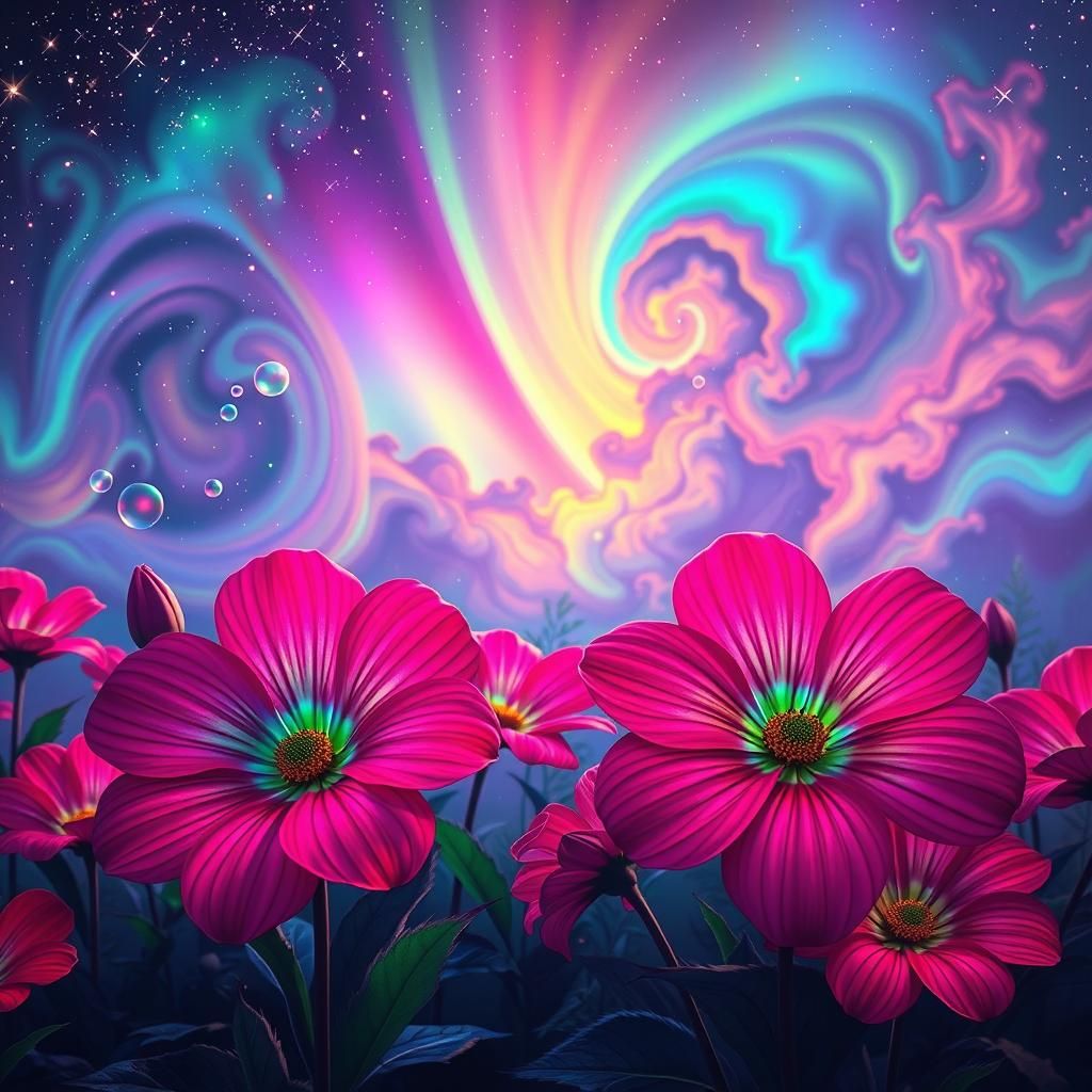 Neon Flower Garden Under Aurora Sky