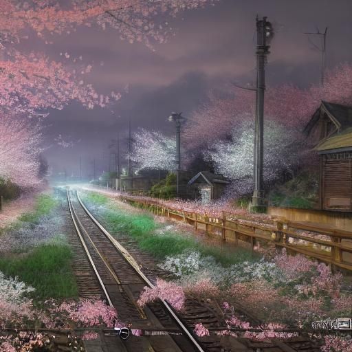 Rainy Train Tracks with Cherry Blossoms, Detailed Digital Ar...