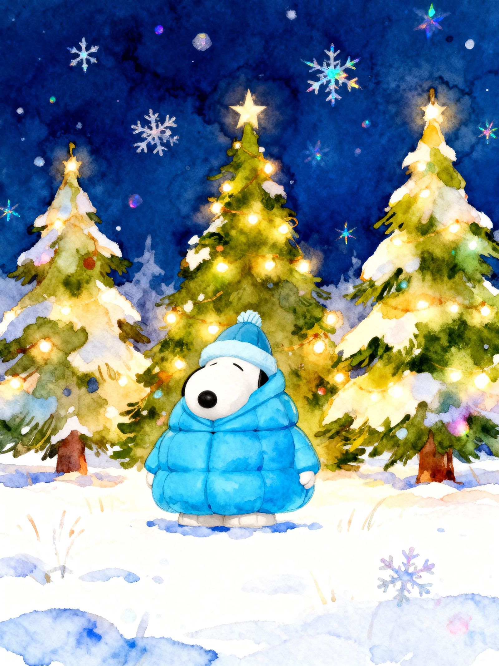 Snoopy in Snowy Field with Christmas Trees Alcohol Ink Art