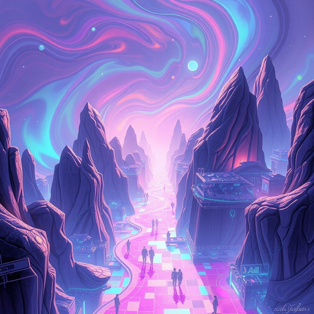 Iridescent Entity in a Futuristic Landscape