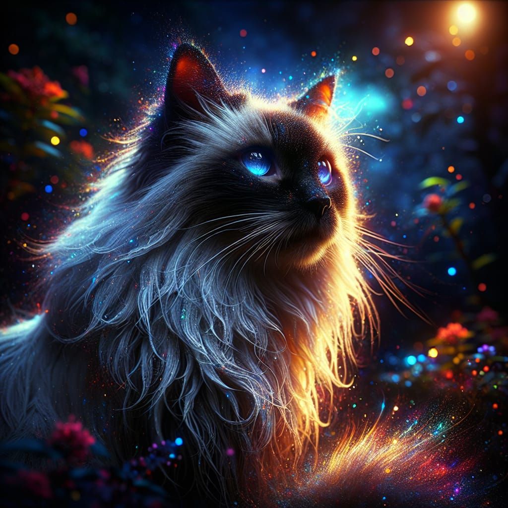 Siamese Cat with Glowing Eyes in Moonlit Garden