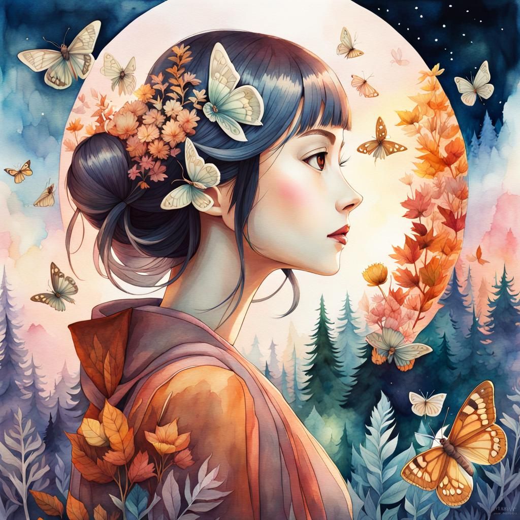 Enchanted Moth in Magical Forest, Digital Watercolor