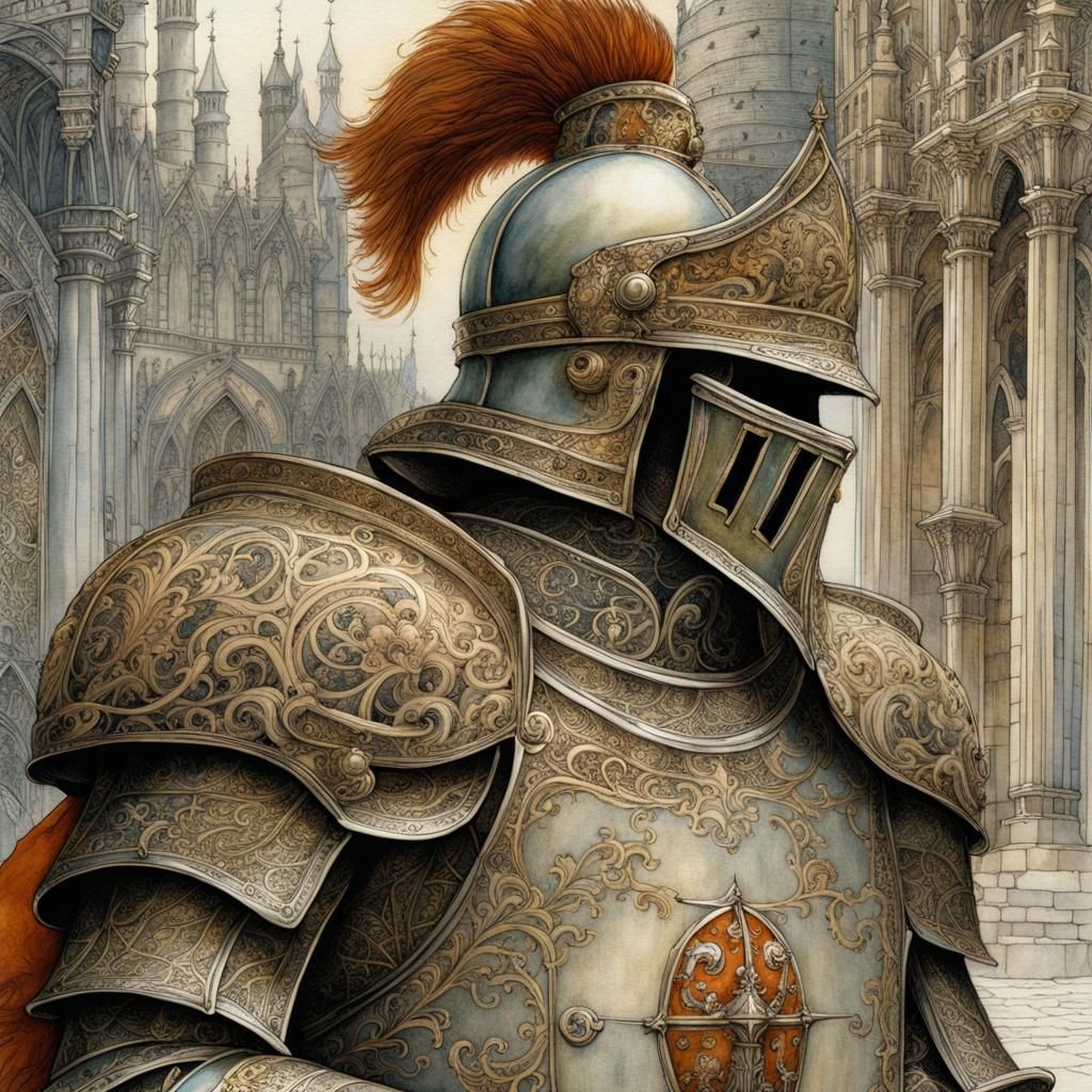 Knight with Shield: Detailed Hand-Drawn Illustration