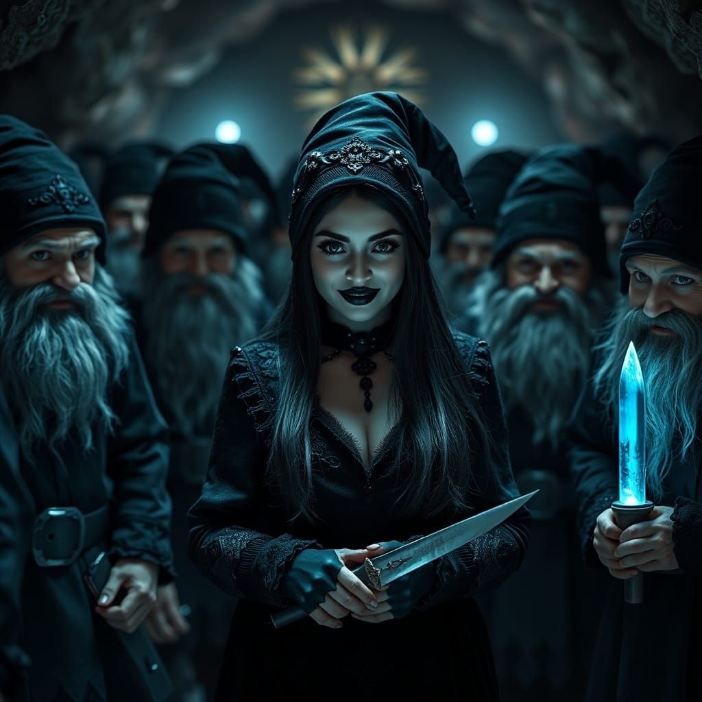 The queen of the dwarfs is very into gothic, so her devoted dwarf servants have to wear black too.