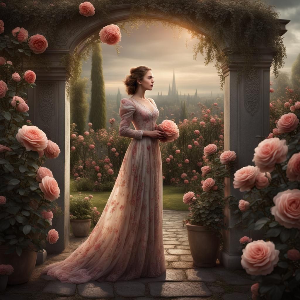 Beautiful Woman in Rose Garden: Cinematic Digital Art
