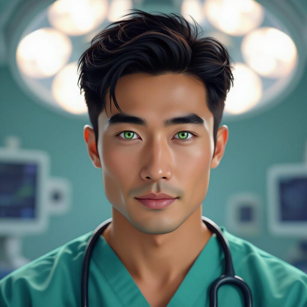 Asian Surgeon with Green Eyes in Operating Room