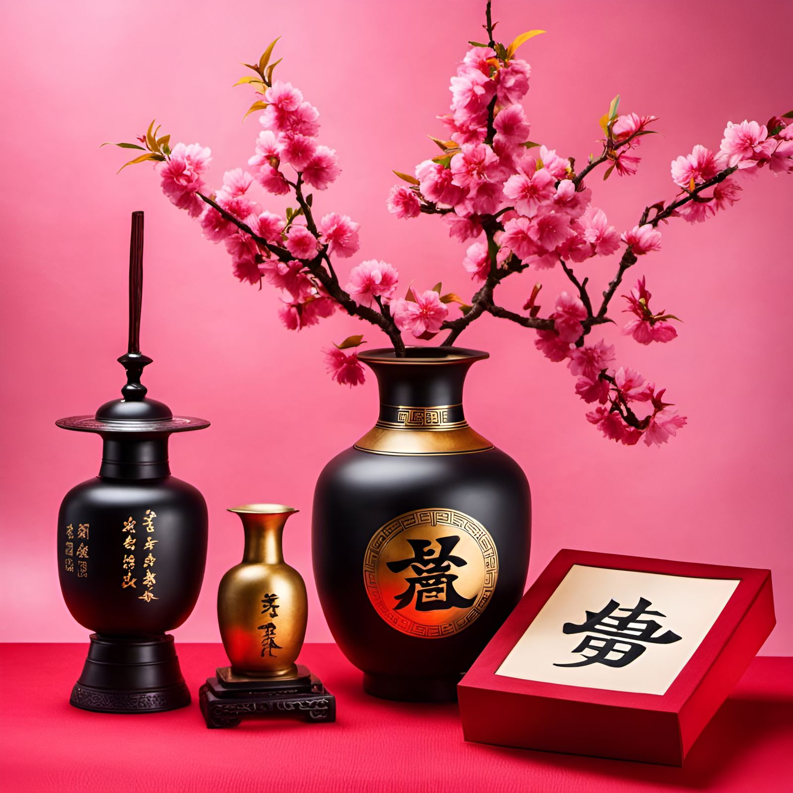 Chinese Still Life with Sakura and Hieroglyphs