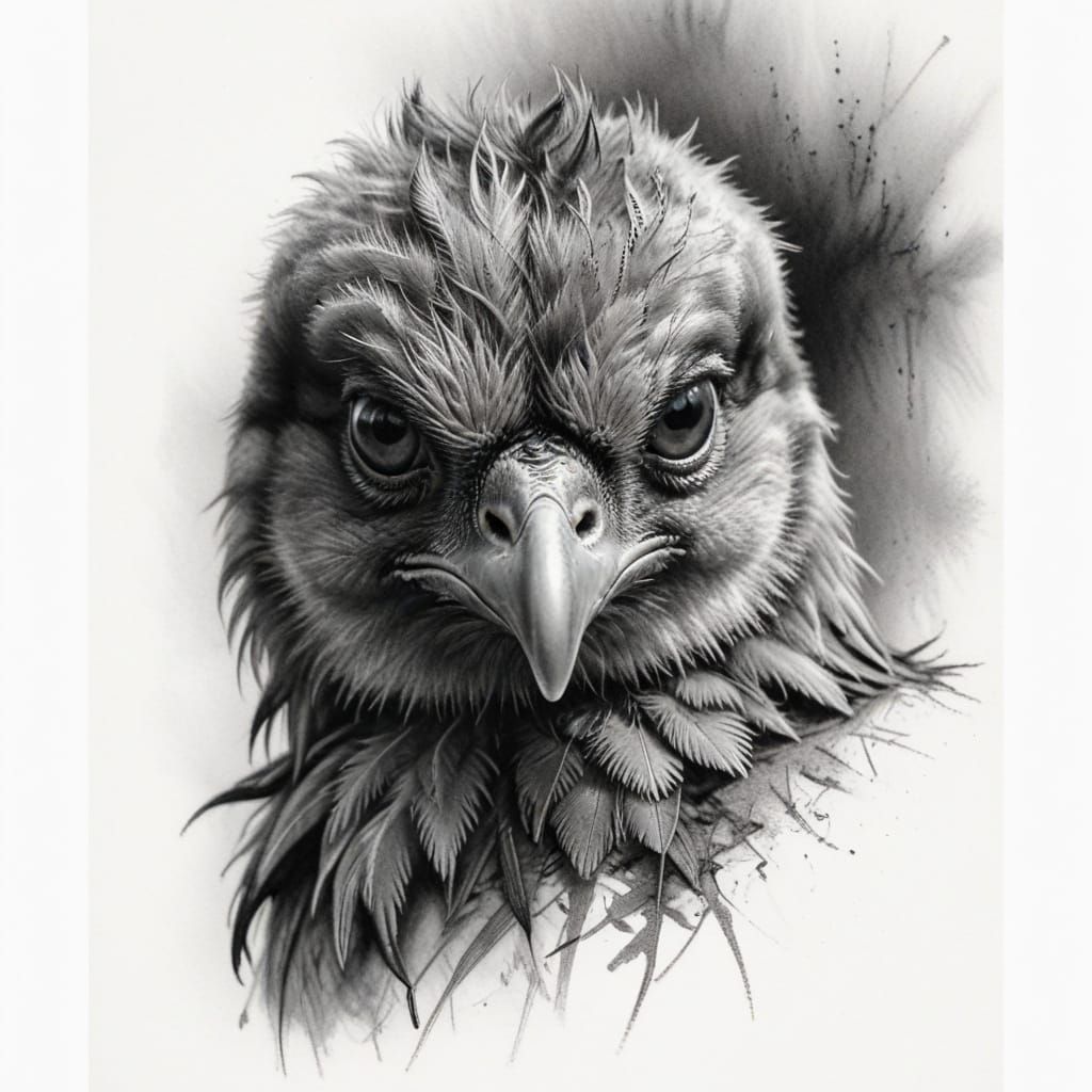 Hyperdetailed Charcoal Drawing of a Grumpy Chick