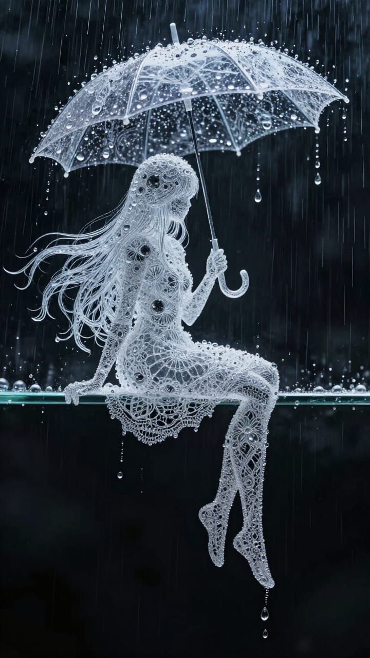 Ethereal Girl Silhouette with Water Droplet Umbrella