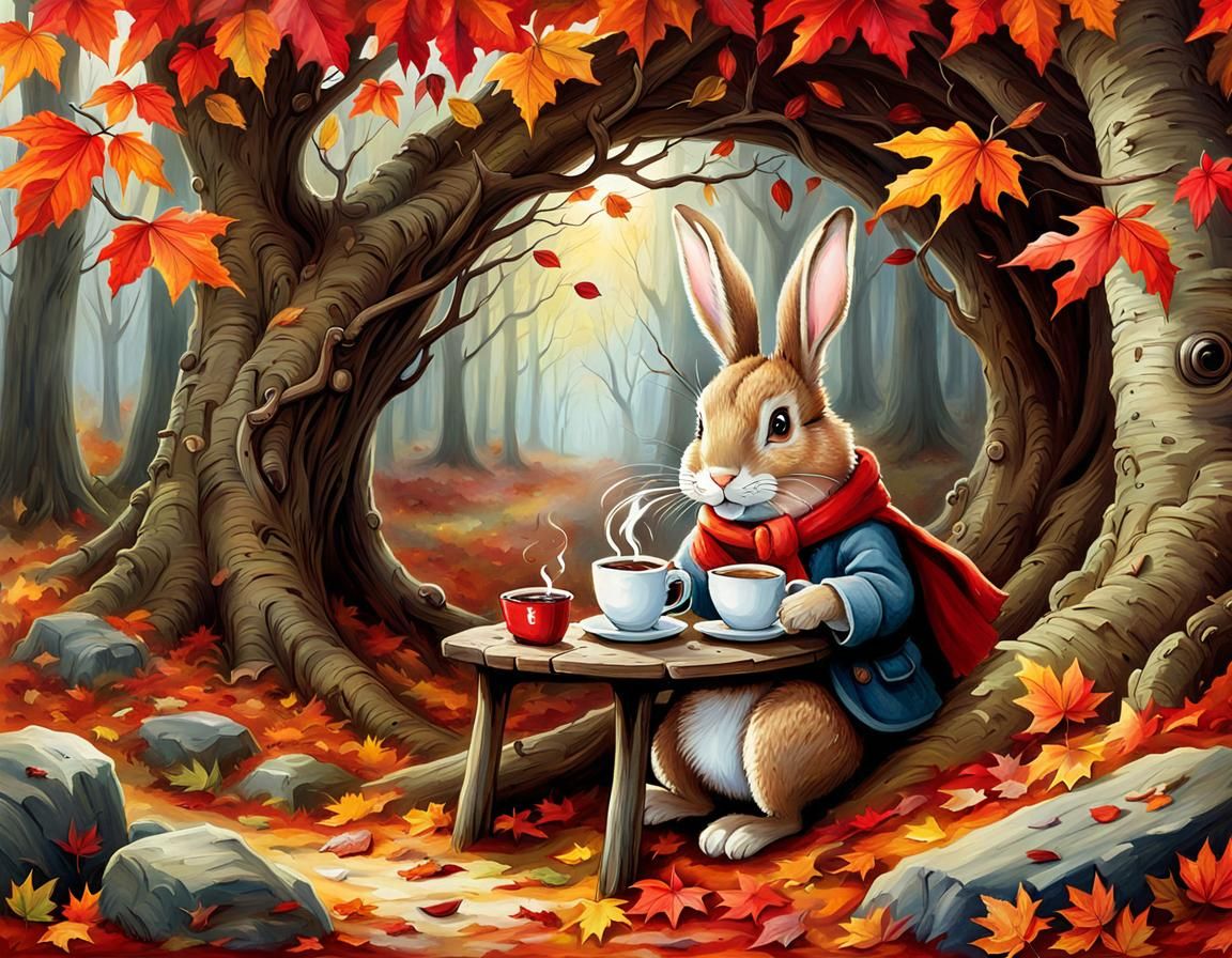 Anthropomorphic Rabbit Sipping Coffee in Autumnal Scene