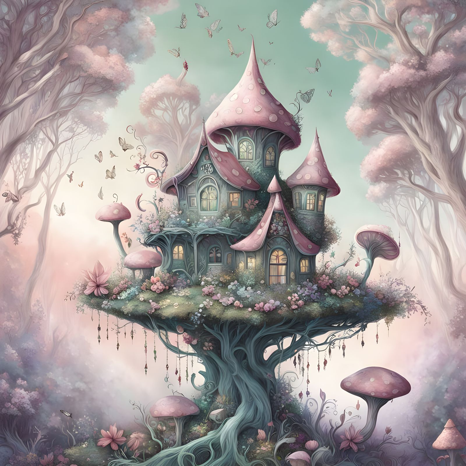 Whimsical Fairy Mushroom Abode in Pastel Watercolors
