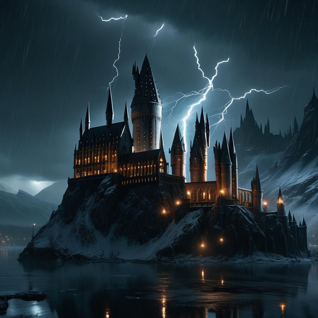 Hogwarts Castle in Dark Fantasy Snowstorm