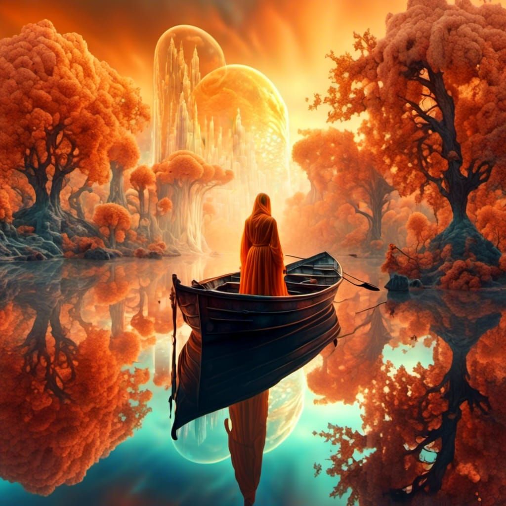 Surreal River Scene with Tangerine Trees